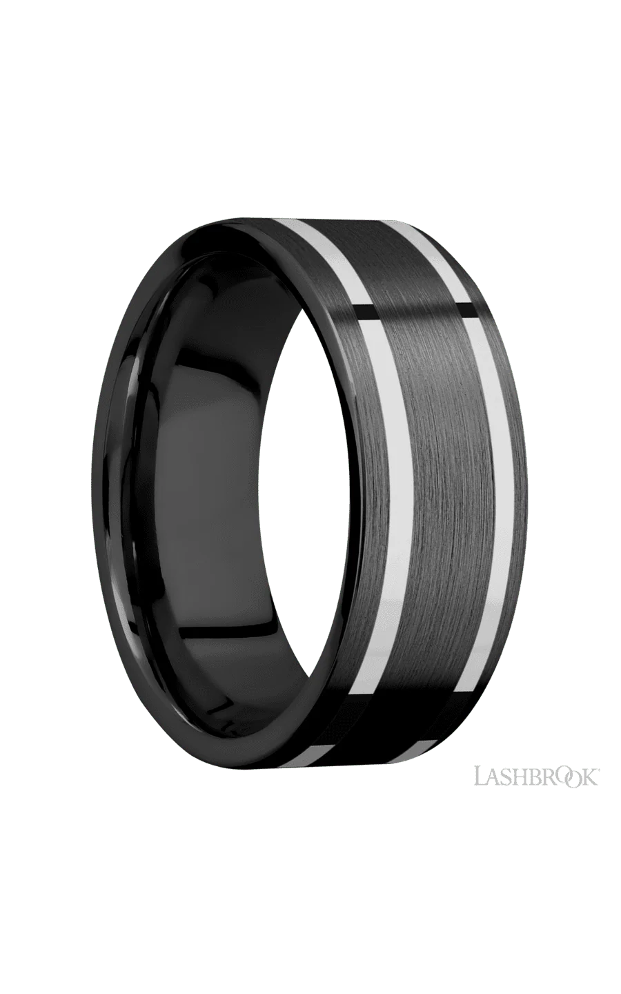 8 mm wide/Flat/Zirconium band with two 1 mm Wide inlays of 14K White Gold. - Image 2