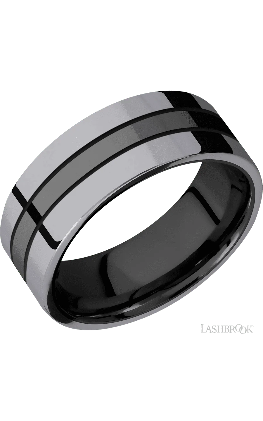 8 mm wide/Flat/Zirconium band with two 3 mm Double Off Center Edge inlays of Tantalum.