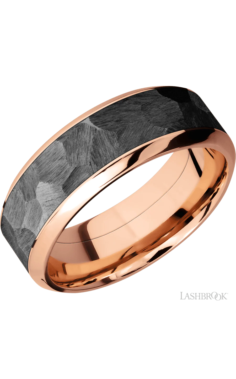 8 mm wide/High Bevel/14K Rose Gold band with one 5 mm Centered inlay of Zirconium.