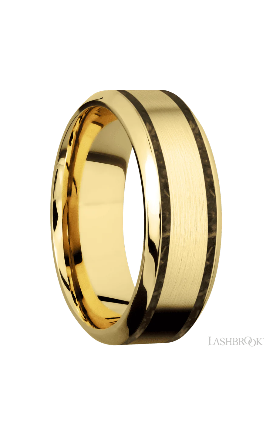 8 mm wide/High Bevel/14K Yellow Gold band with two 1 mm Wide inlays of Gold Tiger Eye. - Image 2