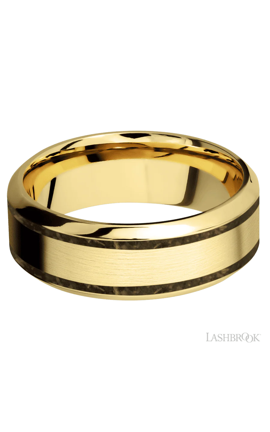 8 mm wide/High Bevel/14K Yellow Gold band with two 1 mm Wide inlays of Gold Tiger Eye. - Image 3