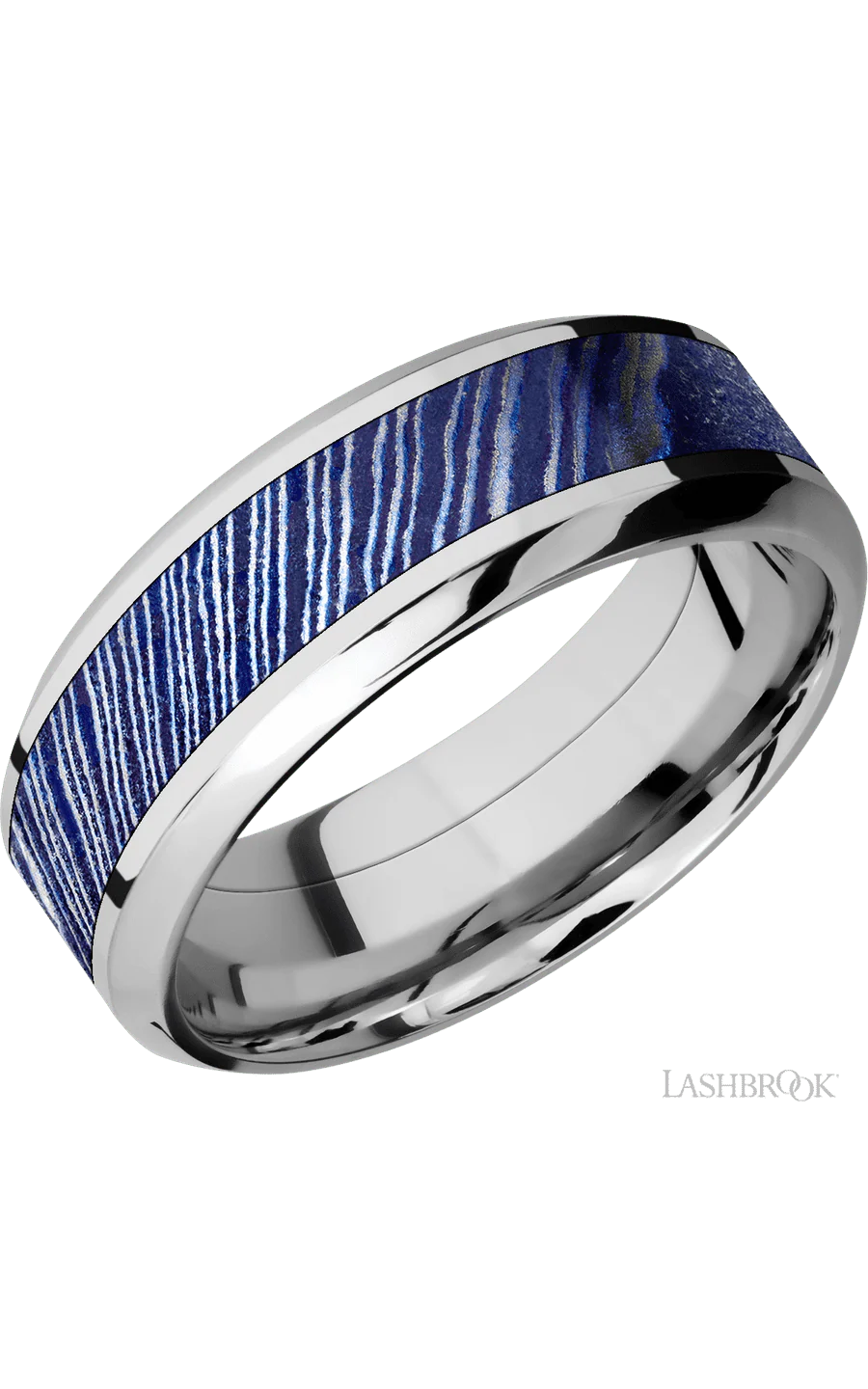 8 mm wide/High Bevel/Cobalt Chrome band with one 4 mm Centered inlay of Titanium Damascus.