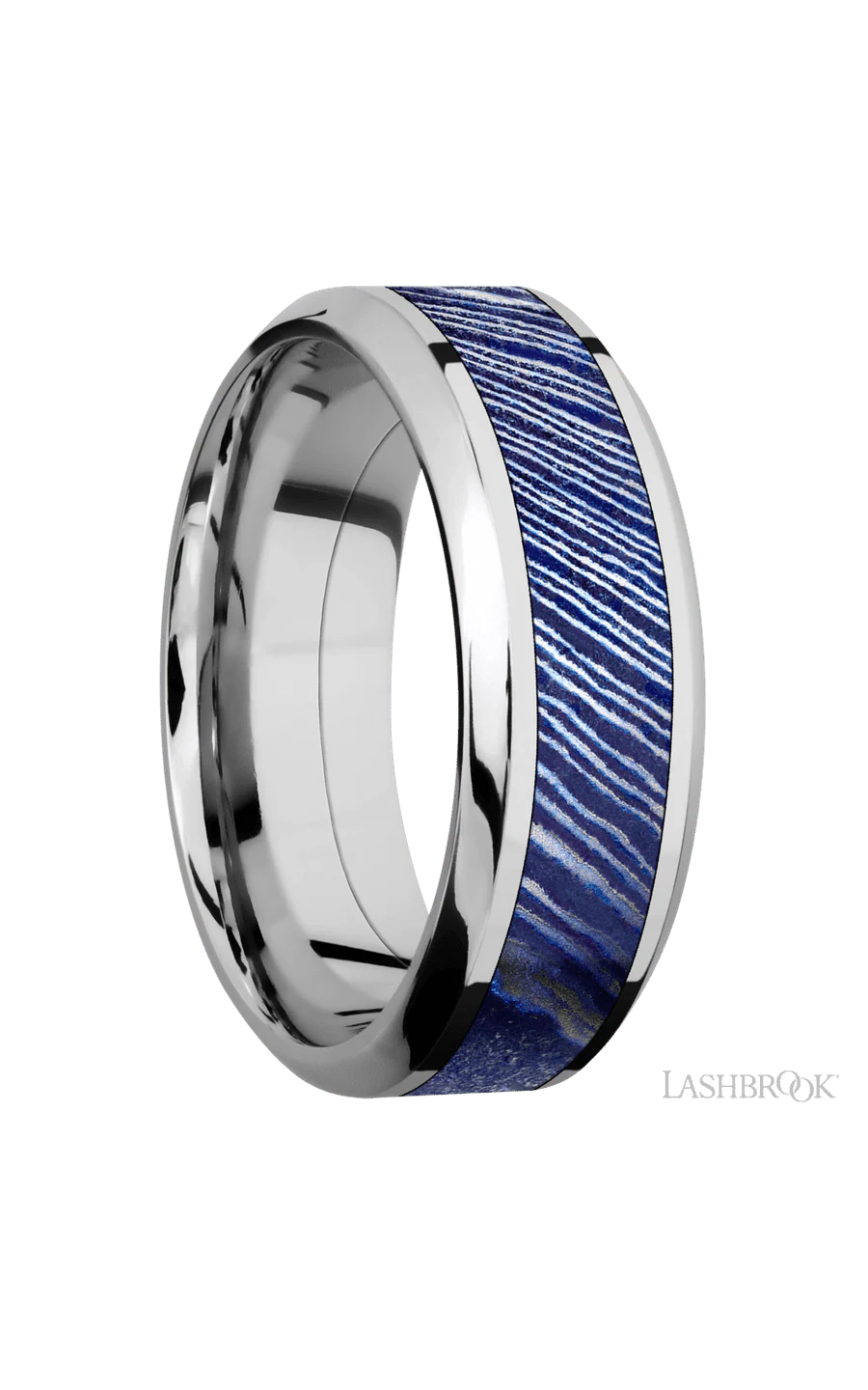 8 mm wide/High Bevel/Cobalt Chrome band with one 4 mm Centered inlay of Titanium Damascus. - Image 2