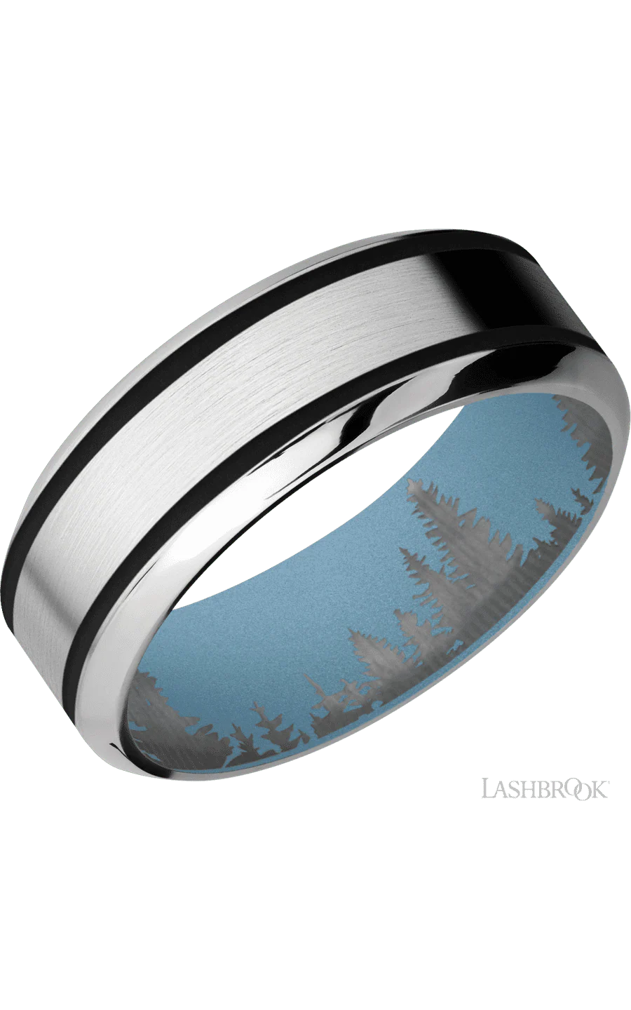 8 mm wide/High Bevel/Cobalt Chrome band with two 1 mm Wide inlays of Black also featuring a Polar Blue sleeve.