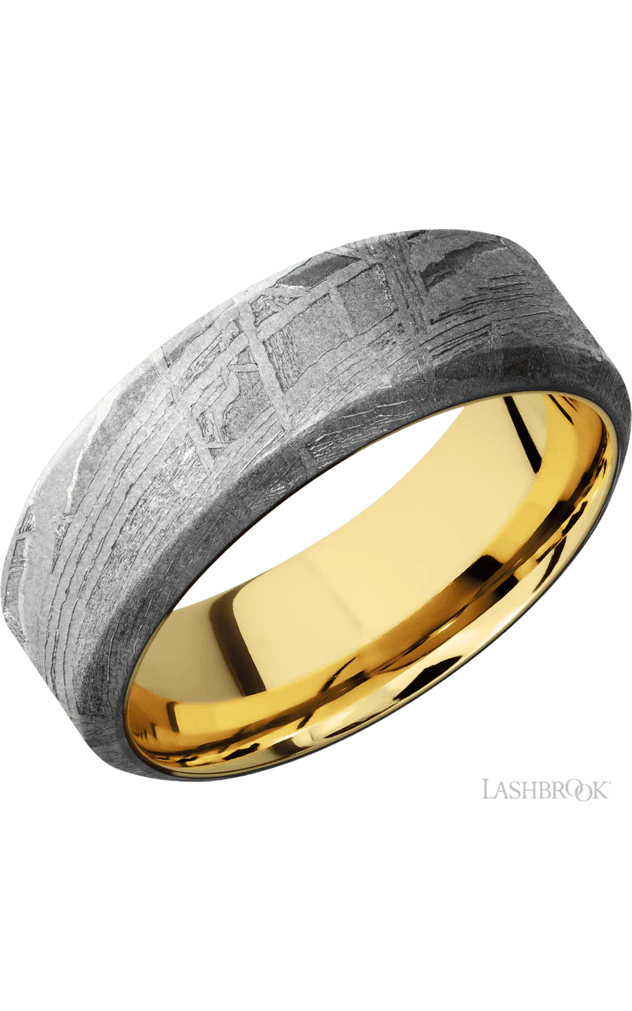 8 mm wide High Bevel Meteorite band featuring a 14K Yellow Gold sleeve.