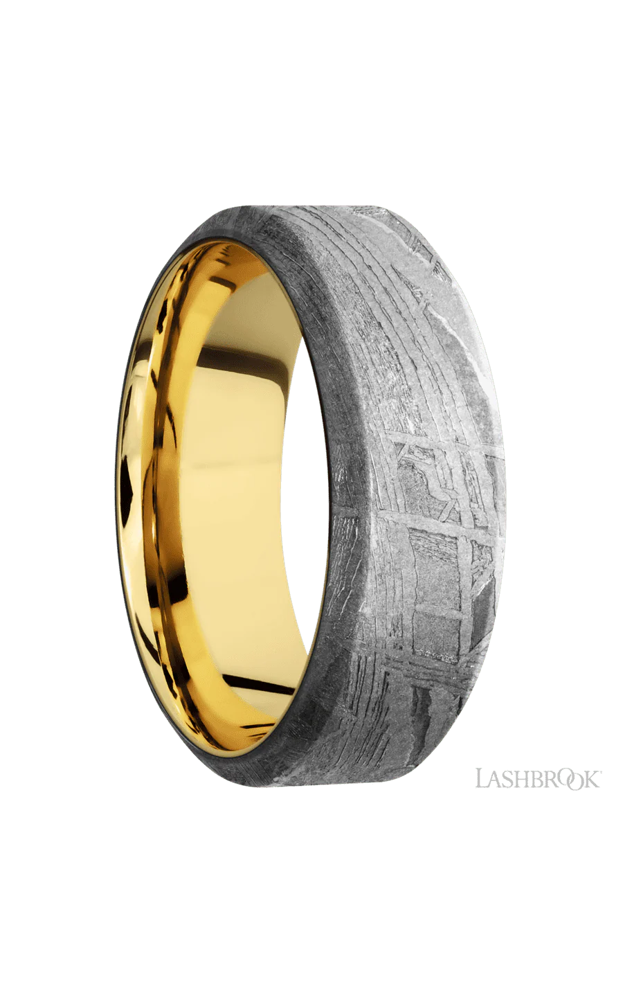 8 mm wide High Bevel Meteorite band featuring a 14K Yellow Gold sleeve. - Image 2