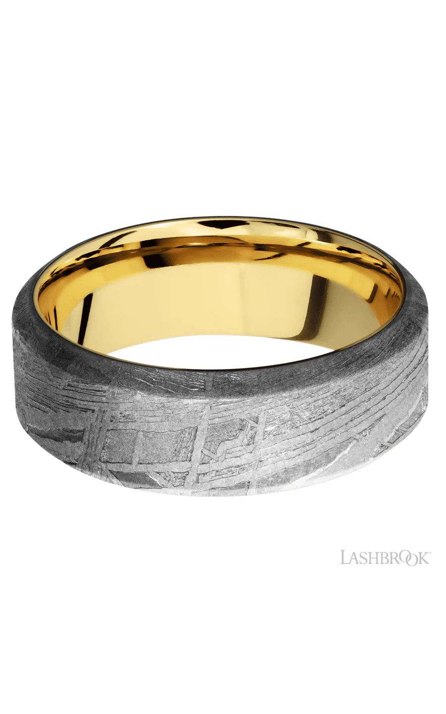 8 mm wide High Bevel Meteorite band featuring a 14K Yellow Gold sleeve. - Image 3