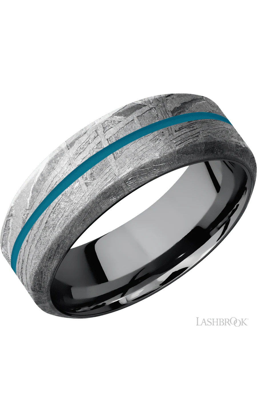 8 mm wide/High Bevel/Meteorite band with one 1 mm Centered inlay of Sea Blue also featuring a Tantalum sleeve.