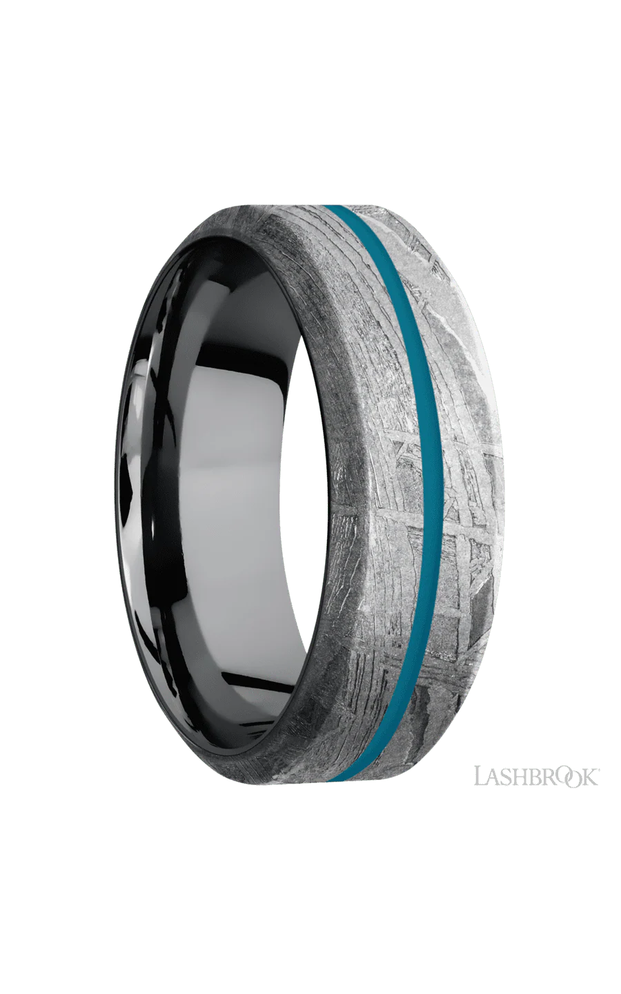 8 mm wide/High Bevel/Meteorite band with one 1 mm Centered inlay of Sea Blue also featuring a Tantalum sleeve. - Image 2