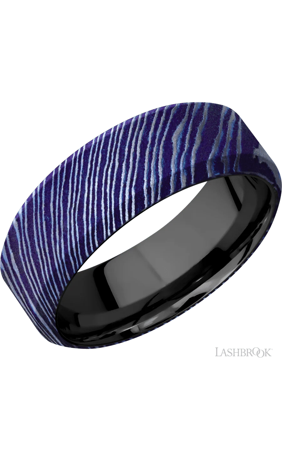 8 mm wide High Bevel Titanium Damascus band featuring a Zirconium sleeve.