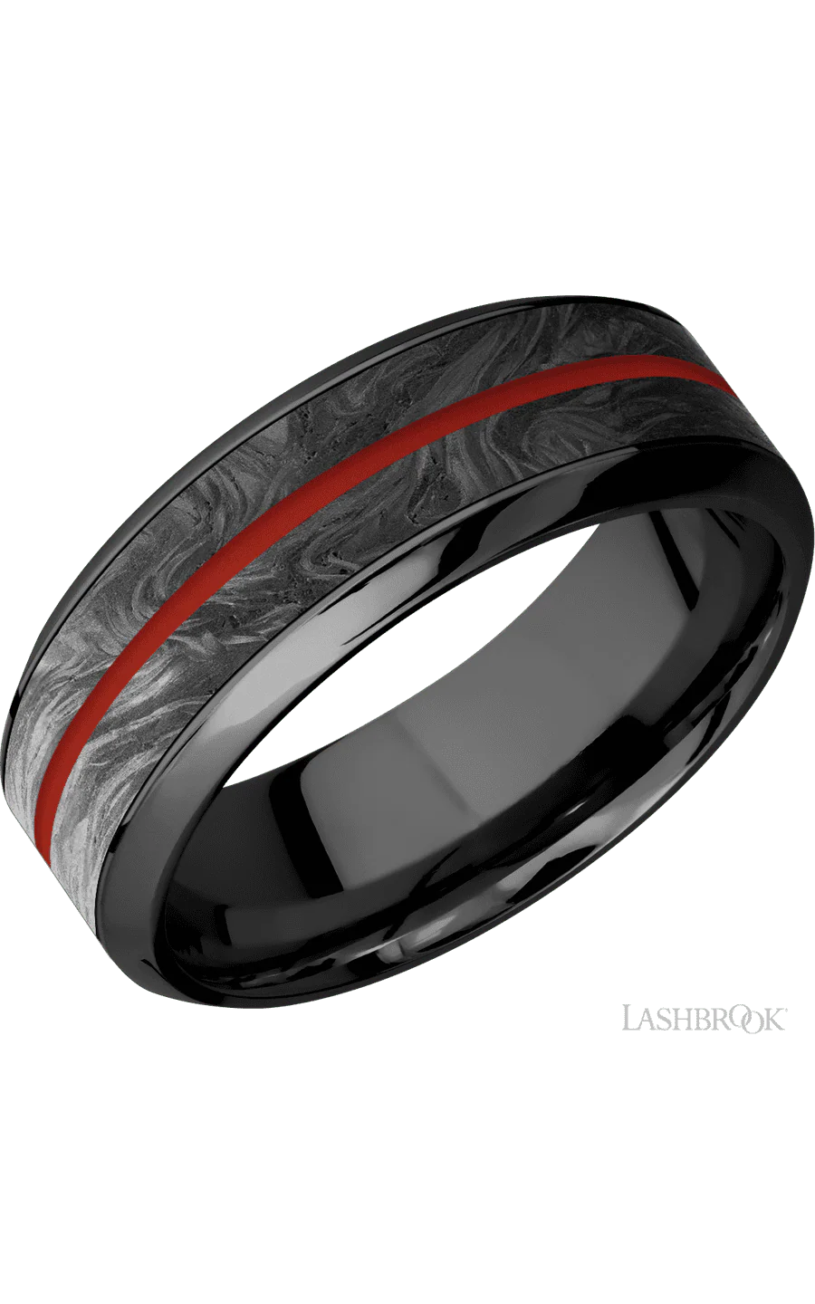 8 mm wide/High Bevel/Zirconium band featuring inlays of Forged Carbon Fiber and Red Apple.