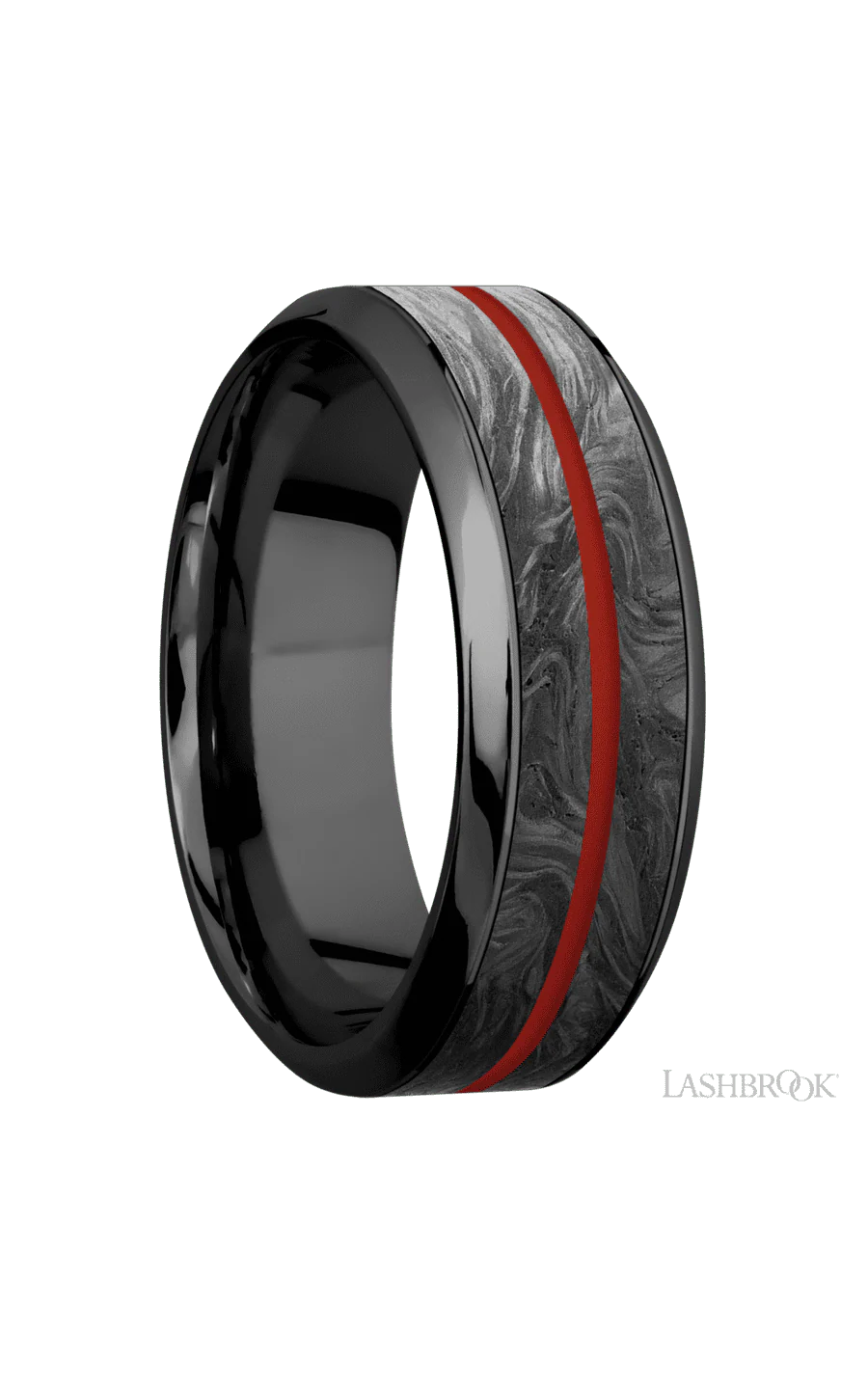8 mm wide/High Bevel/Zirconium band featuring inlays of Forged Carbon Fiber and Red Apple. - Image 2