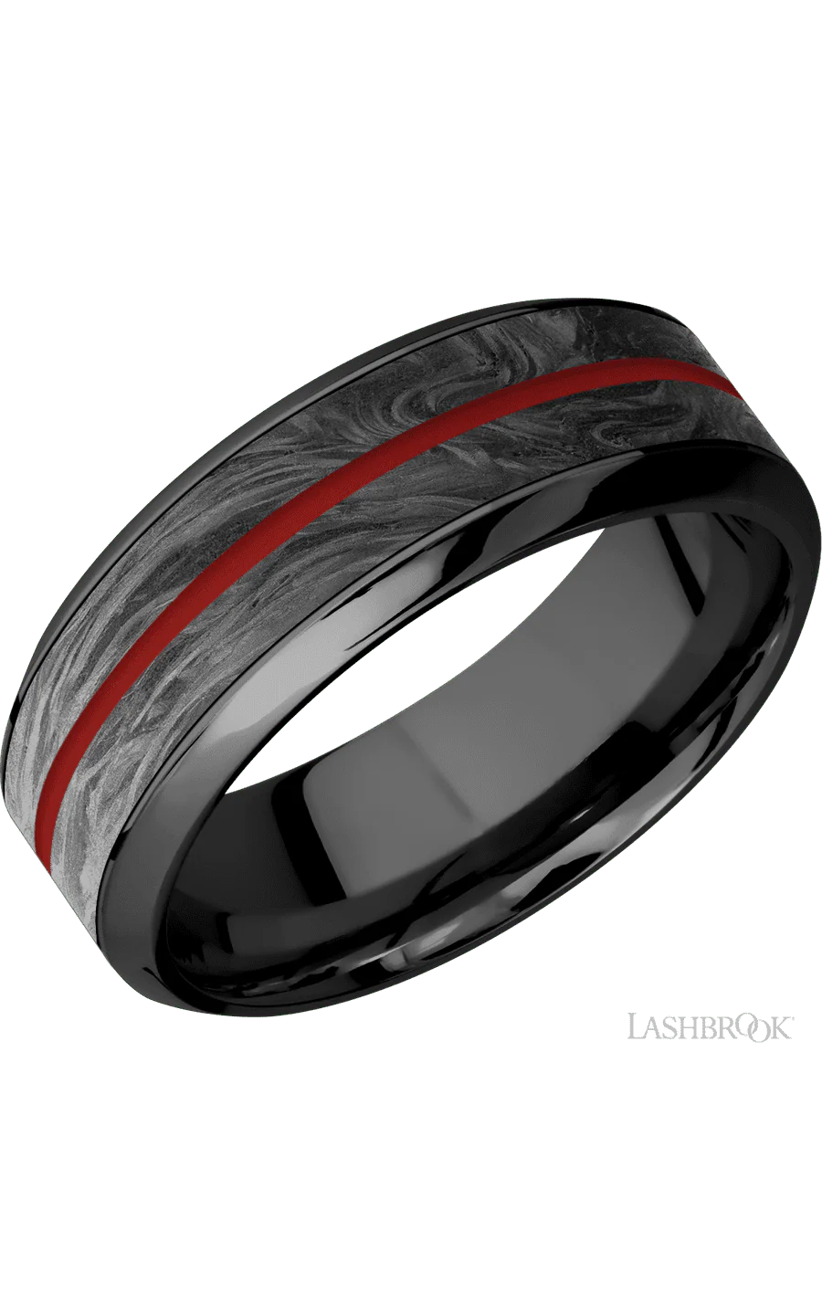 8 mm wide/High Bevel/Zirconium band featuring inlays of Forged Carbon Fiber and USMC Red.