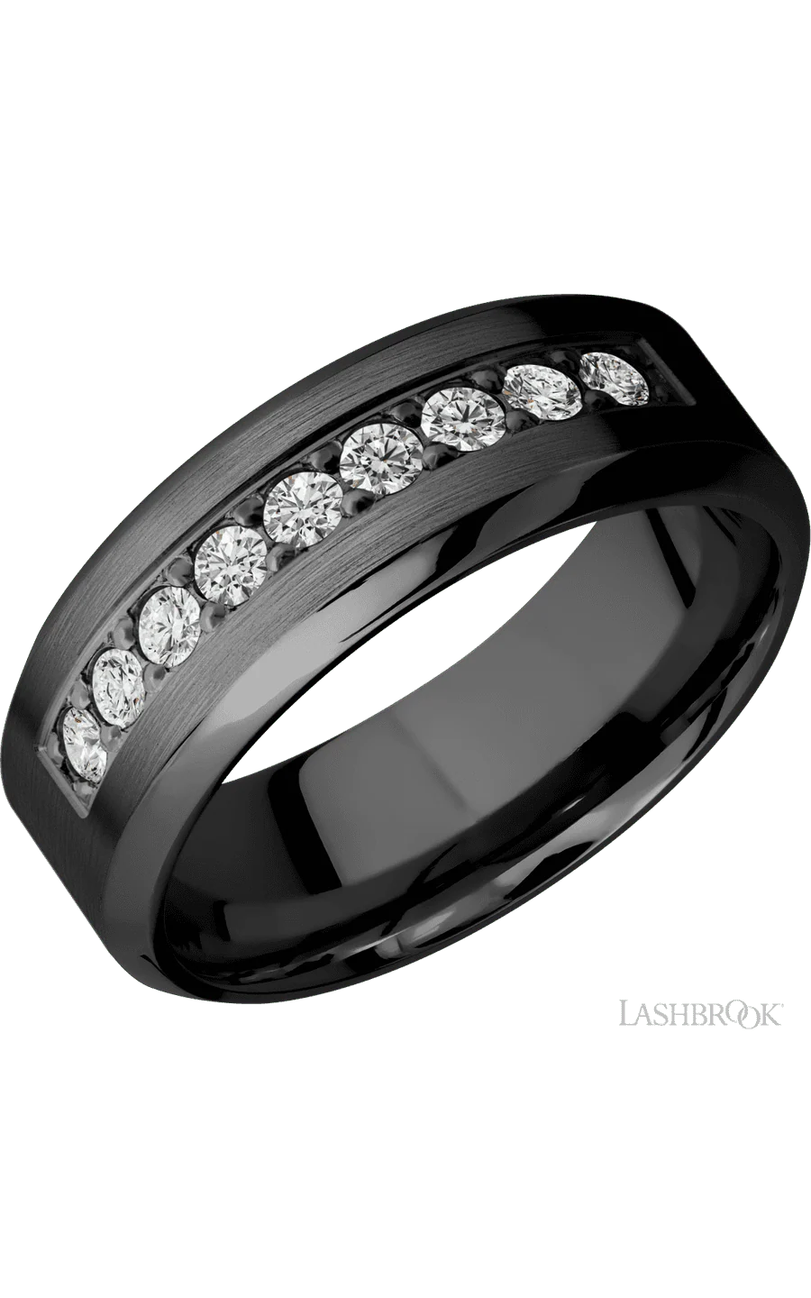 8 mm wide/High Bevel/Zirconium band with an arrangement of 9, .05 carat Round Diamond stones in a Bead setting.