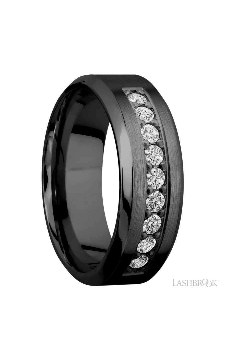8 mm wide/High Bevel/Zirconium band with an arrangement of 9, .05 carat Round Diamond stones in a Bead setting. - Image 2