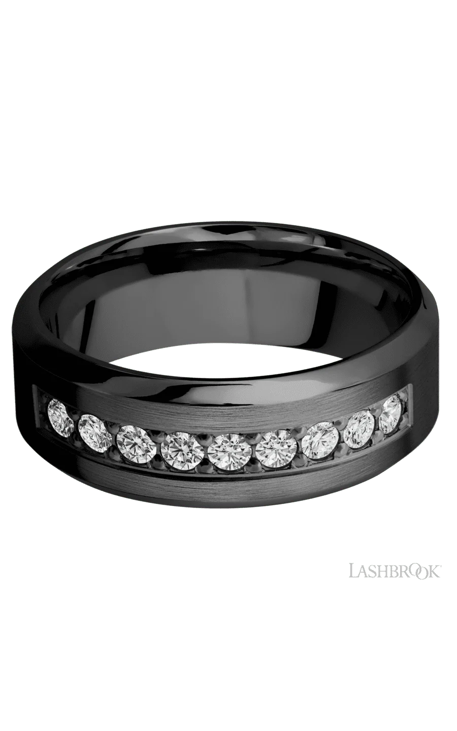 8 mm wide/High Bevel/Zirconium band with an arrangement of 9, .05 carat Round Diamond stones in a Bead setting. - Image 3