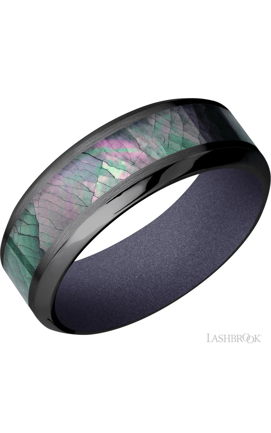 8 mm wide/High Bevel/Zirconium band with one 4 mm Centered inlay of Black Mother of Pearl also featuring a Crushed Orchid sleeve.
