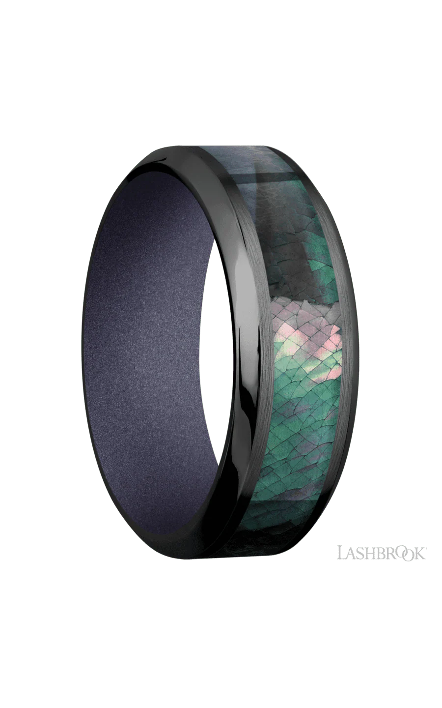 8 mm wide/High Bevel/Zirconium band with one 4 mm Centered inlay of Black Mother of Pearl also featuring a Crushed Orchid sleeve. - Image 2