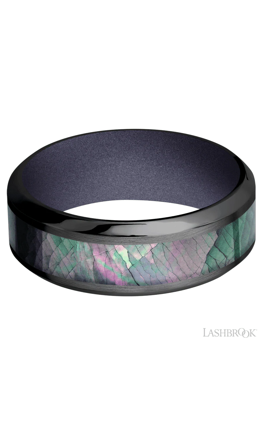 8 mm wide/High Bevel/Zirconium band with one 4 mm Centered inlay of Black Mother of Pearl also featuring a Crushed Orchid sleeve. - Image 3
