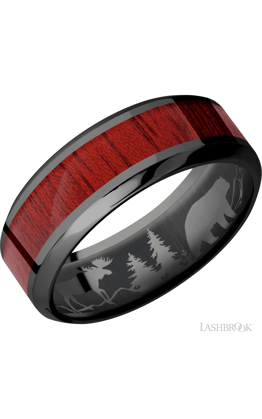 8 mm wide/High Bevel/Zirconium band with one 4 mm Centered inlay of Blood Wood.