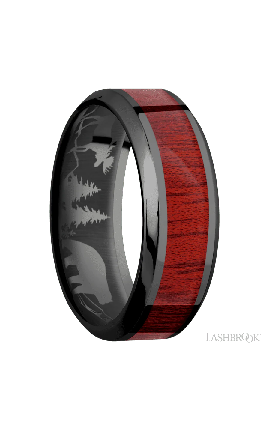 8 mm wide/High Bevel/Zirconium band with one 4 mm Centered inlay of Blood Wood. - Image 2