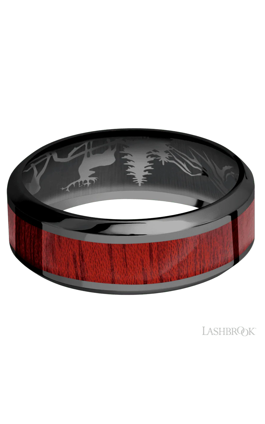 8 mm wide/High Bevel/Zirconium band with one 4 mm Centered inlay of Blood Wood. - Image 3