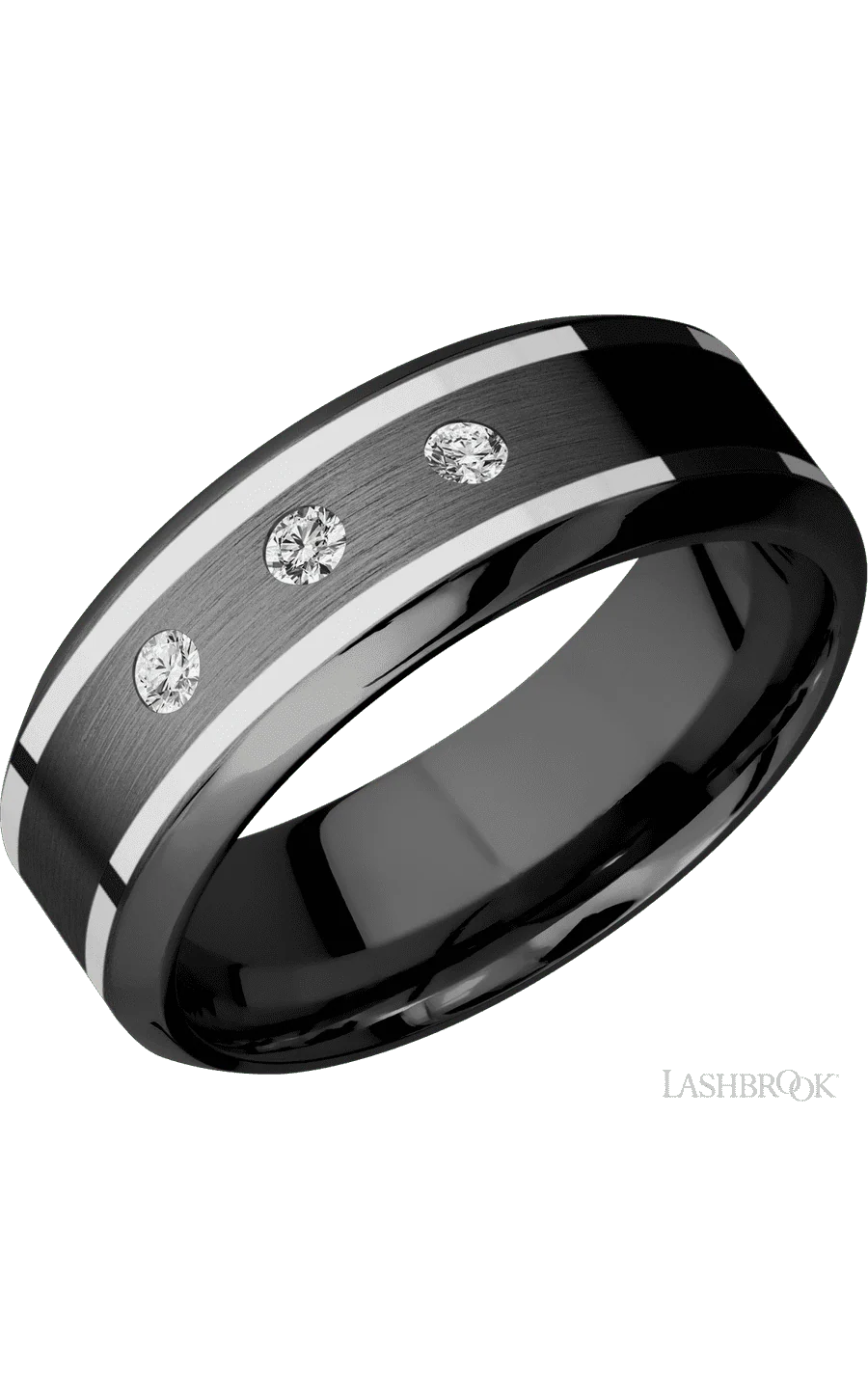 8 mm wide/High Bevel/Zirconium band with  two 1 mm Wide inlays of 14K White Gold and featuring an  arrangement of 3, .05 carat Round Diamond (ST) stones in a Flush setting