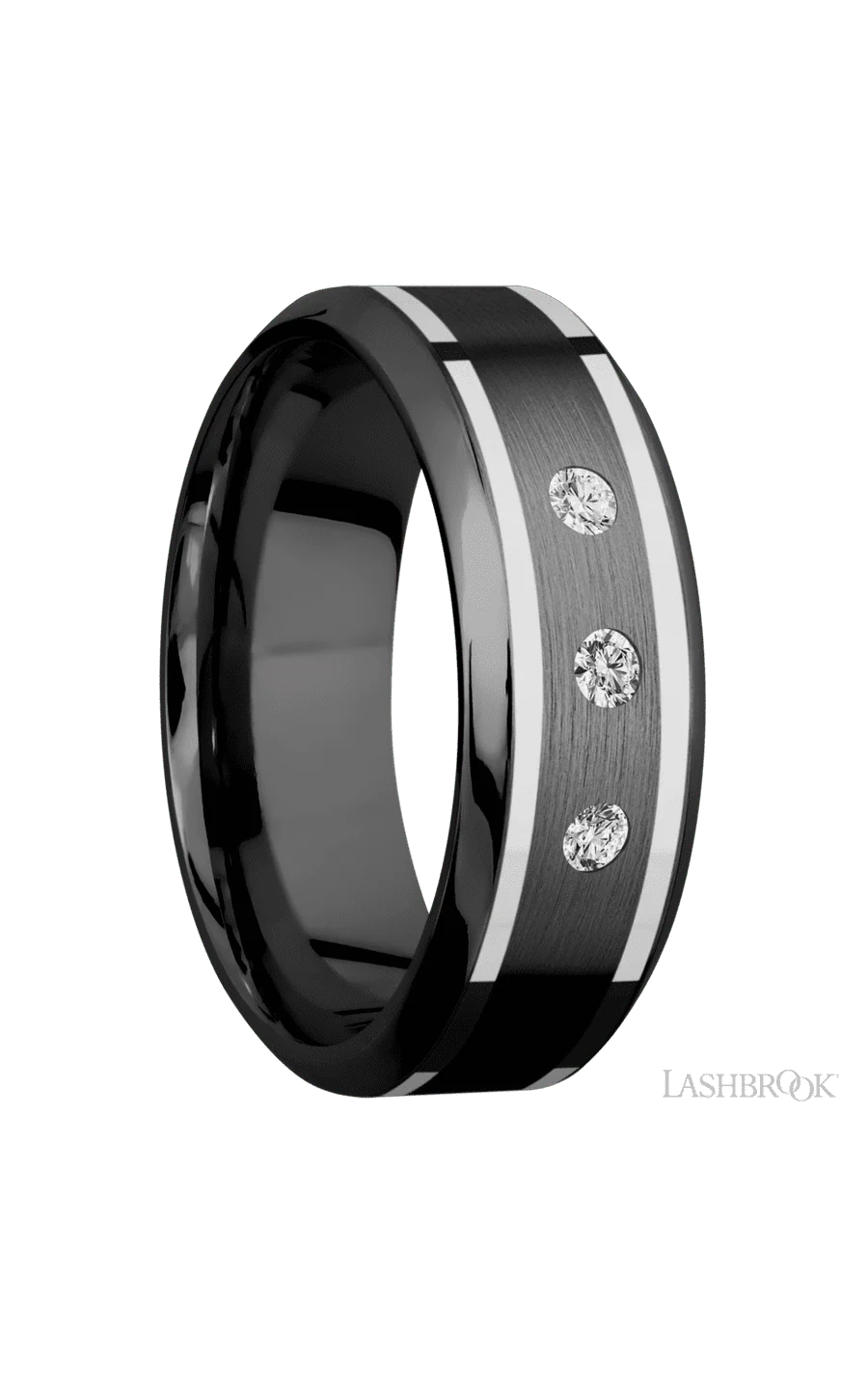 8 mm wide/High Bevel/Zirconium band with  two 1 mm Wide inlays of 14K White Gold and featuring an  arrangement of 3, .05 carat Round Diamond (ST) stones in a Flush setting - Image 2
