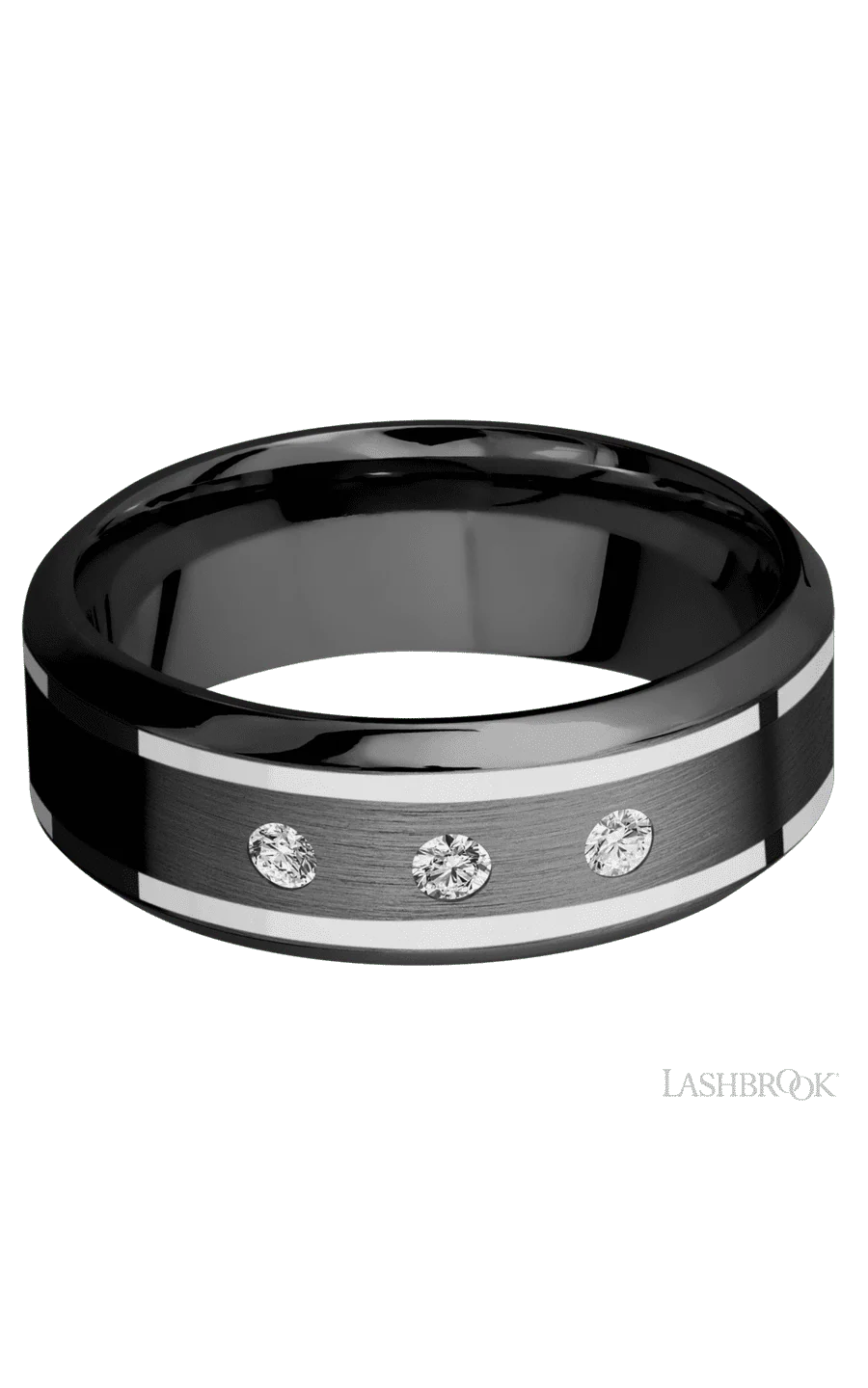8 mm wide/High Bevel/Zirconium band with  two 1 mm Wide inlays of 14K White Gold and featuring an  arrangement of 3, .05 carat Round Diamond (ST) stones in a Flush setting - Image 3