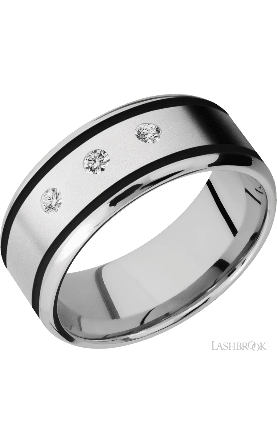 9 mm wide/Beveled/Cobalt Chrome band with  two 1 mm Wide inlays of Black and featuring an  arrangement of 3, .05 carat Round Diamond stones in a Flush setting