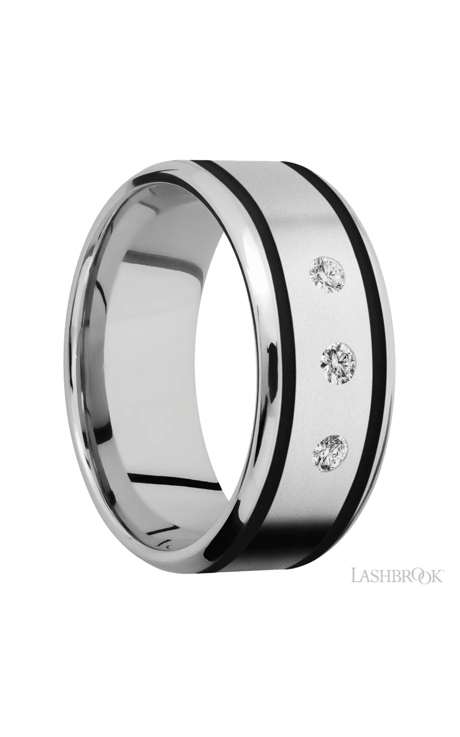 9 mm wide/Beveled/Cobalt Chrome band with  two 1 mm Wide inlays of Black and featuring an  arrangement of 3, .05 carat Round Diamond stones in a Flush setting - Image 2