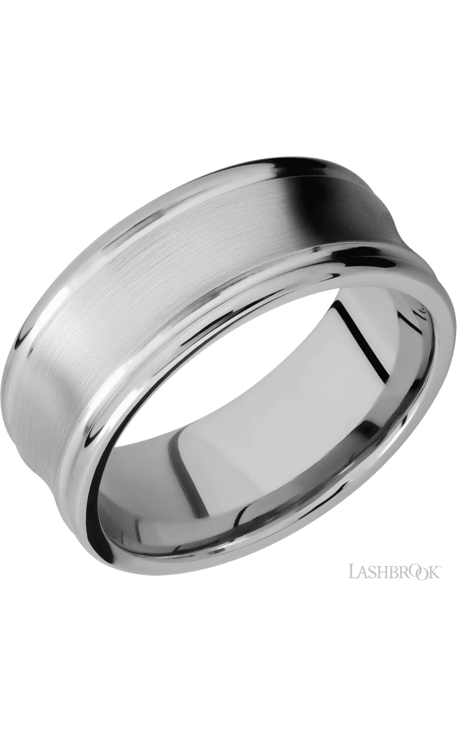9 mm wide Concaved Center Round Edges 14K White Gold band.