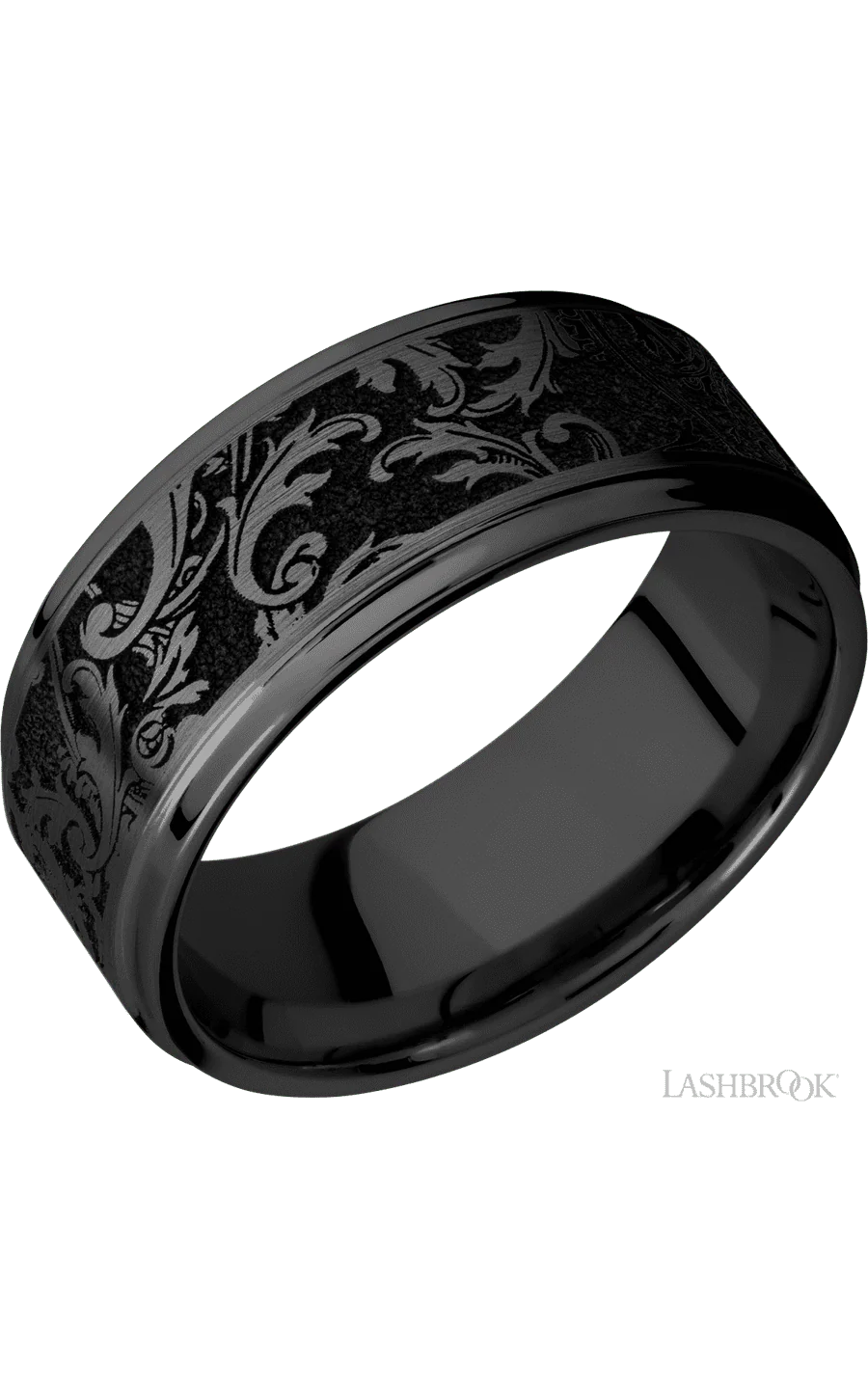 9 mm wide/Flat Grooved Edges/Zirconium band with a laser carved Black Leaf pattern.