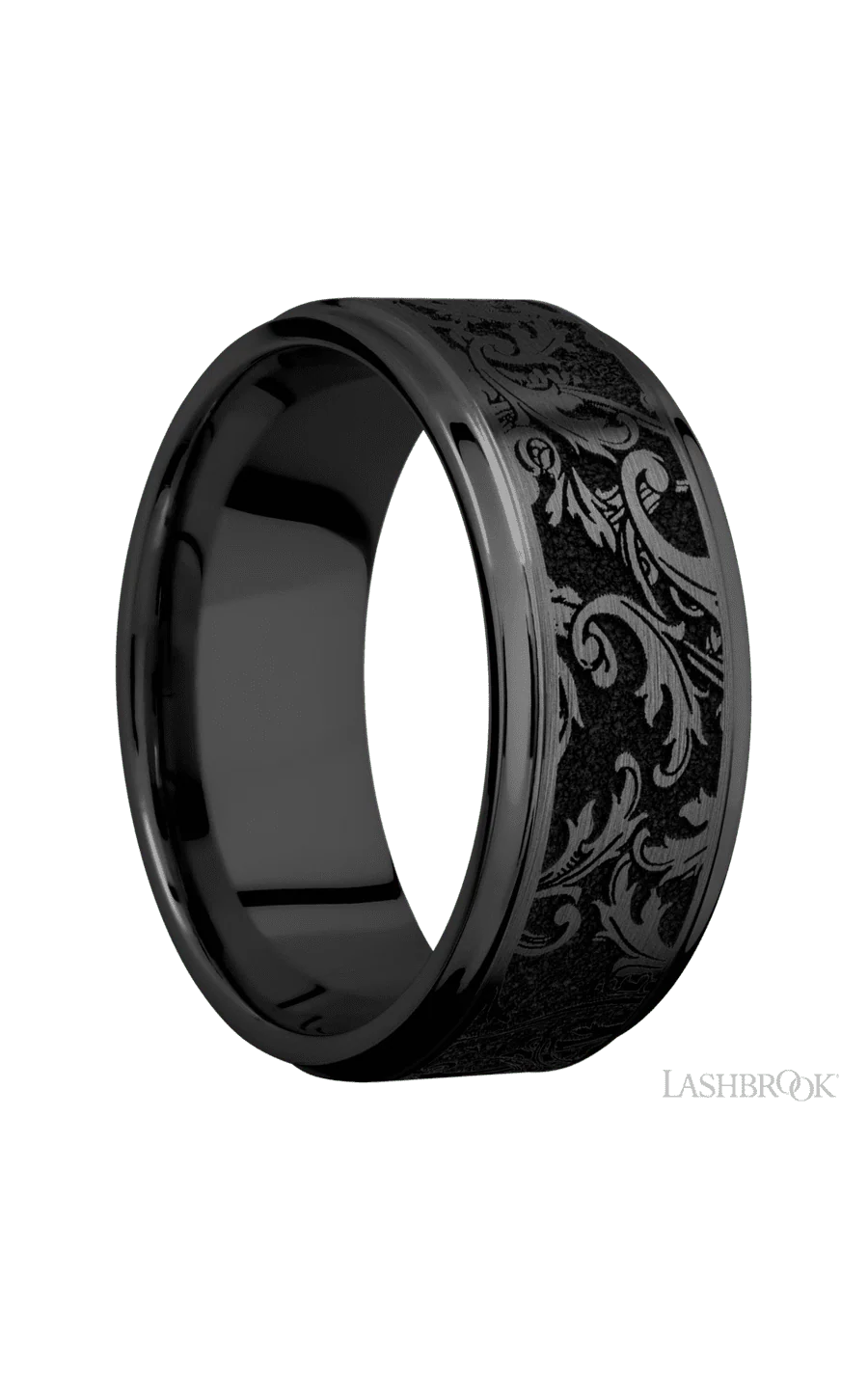 9 mm wide/Flat Grooved Edges/Zirconium band with a laser carved Black Leaf pattern. - Image 2