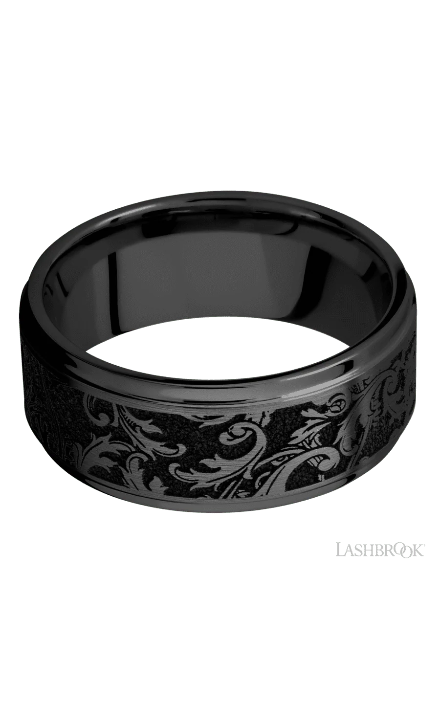 9 mm wide/Flat Grooved Edges/Zirconium band with a laser carved Black Leaf pattern. - Image 3