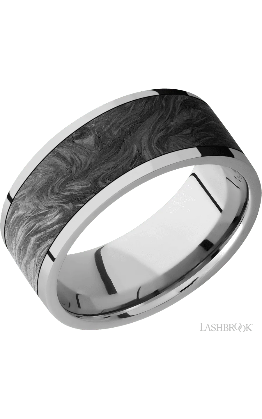 9 mm wide/Flat/Titanium band with one 7 mm Centered inlay of Forged Carbon Fiber.