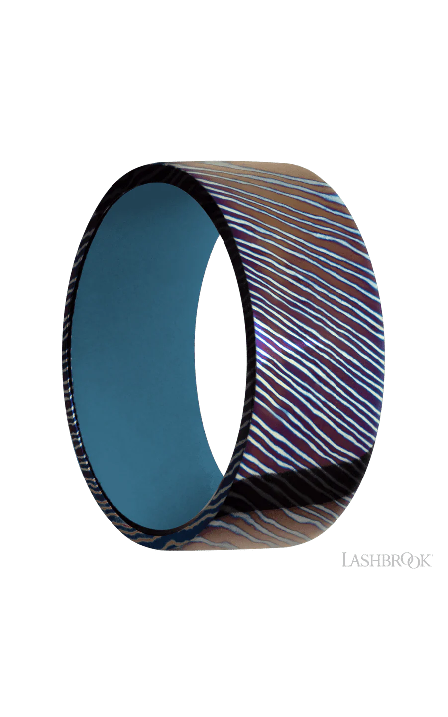 9 mm wide Flat Titanium Damascus band featuring a Royal Blue sleeve. - Image 2