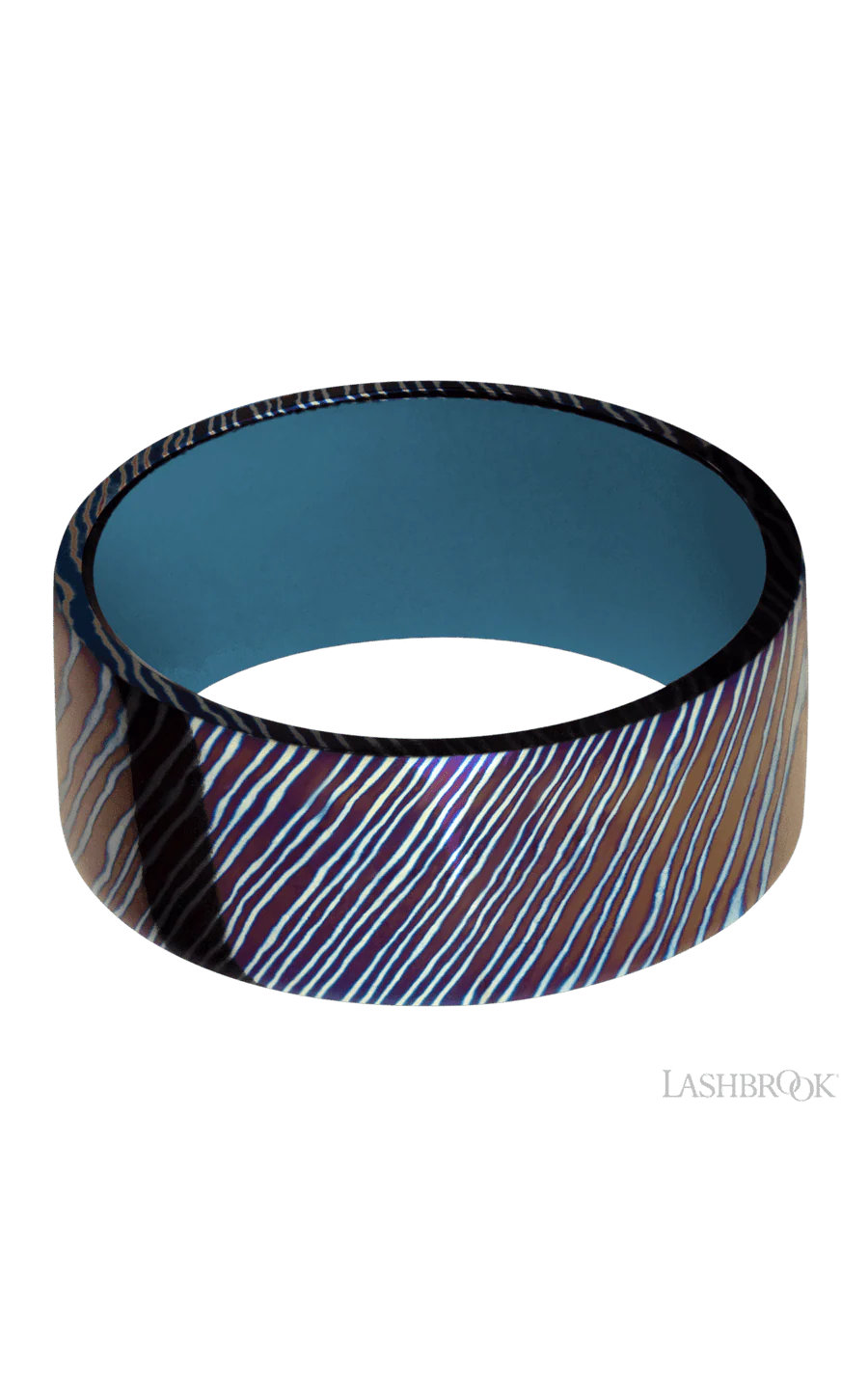 9 mm wide Flat Titanium Damascus band featuring a Royal Blue sleeve. - Image 3