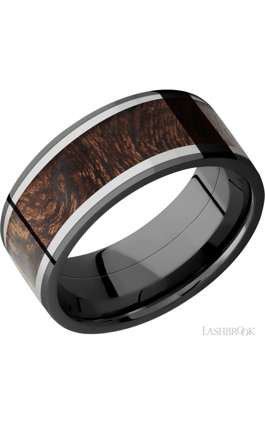 9 mm wide/Flat/Zirconium band featuring inlays of Titanium and Sapele.