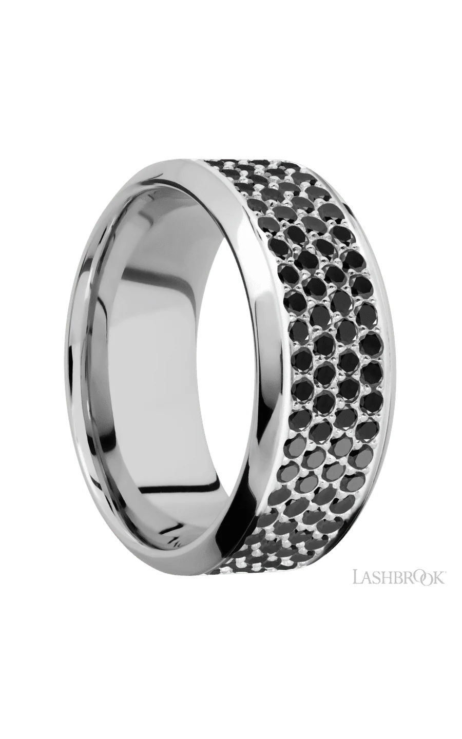 9 mm wide/High Bevel/14K White Gold band with a 4 Row Half Eternity arrangement of .015 carat Round Black Diamond stones in a Bead Channel setting. - Image 2