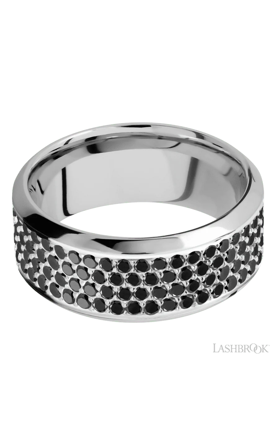 9 mm wide/High Bevel/14K White Gold band with a 4 Row Half Eternity arrangement of .015 carat Round Black Diamond stones in a Bead Channel setting. - Image 3