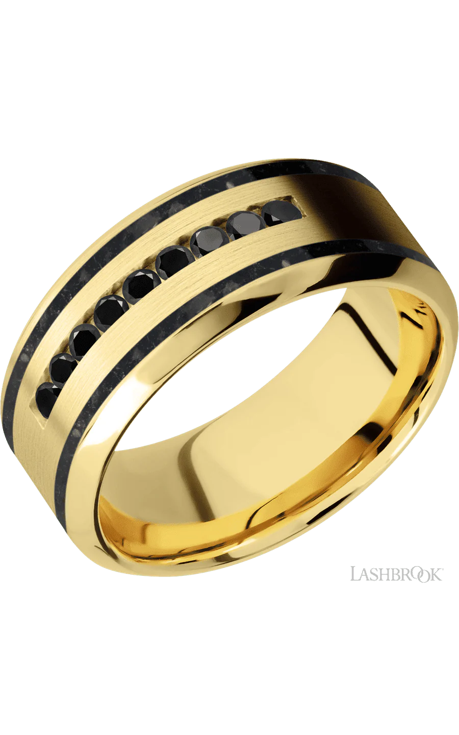 9 mm wide/High Bevel/14K Yellow Gold band with  two 1 mm Wide inlays of Black Onyx and featuring an  arrangement of 9, .03 carat Round Black Diamond stones in a Channel setting
