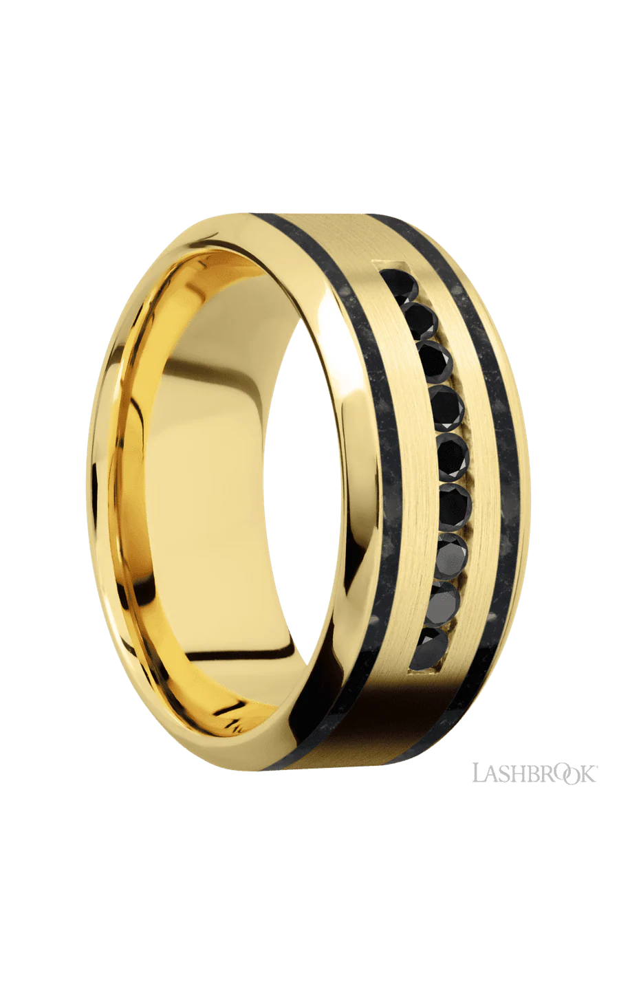 9 mm wide/High Bevel/14K Yellow Gold band with  two 1 mm Wide inlays of Black Onyx and featuring an  arrangement of 9, .03 carat Round Black Diamond stones in a Channel setting - Image 2