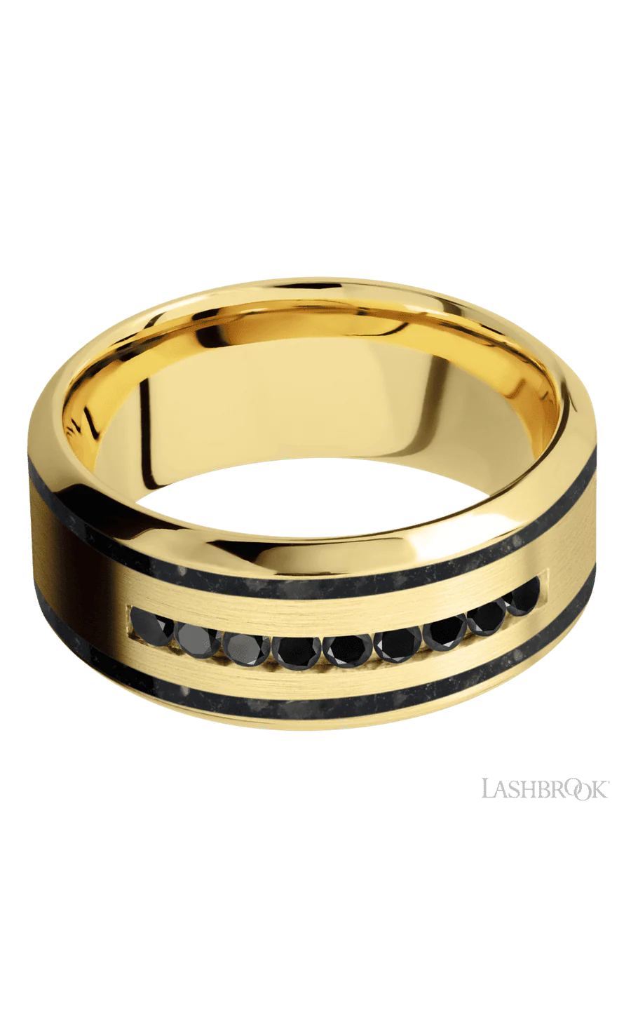 9 mm wide/High Bevel/14K Yellow Gold band with  two 1 mm Wide inlays of Black Onyx and featuring an  arrangement of 9, .03 carat Round Black Diamond stones in a Channel setting - Image 3