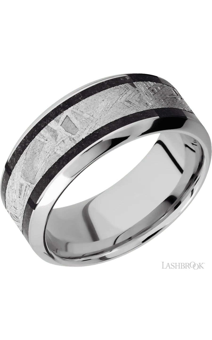 9 mm wide/High Bevel/Cobalt Chrome band featuring inlays of Dinosaur Bone Black and Meteorite.