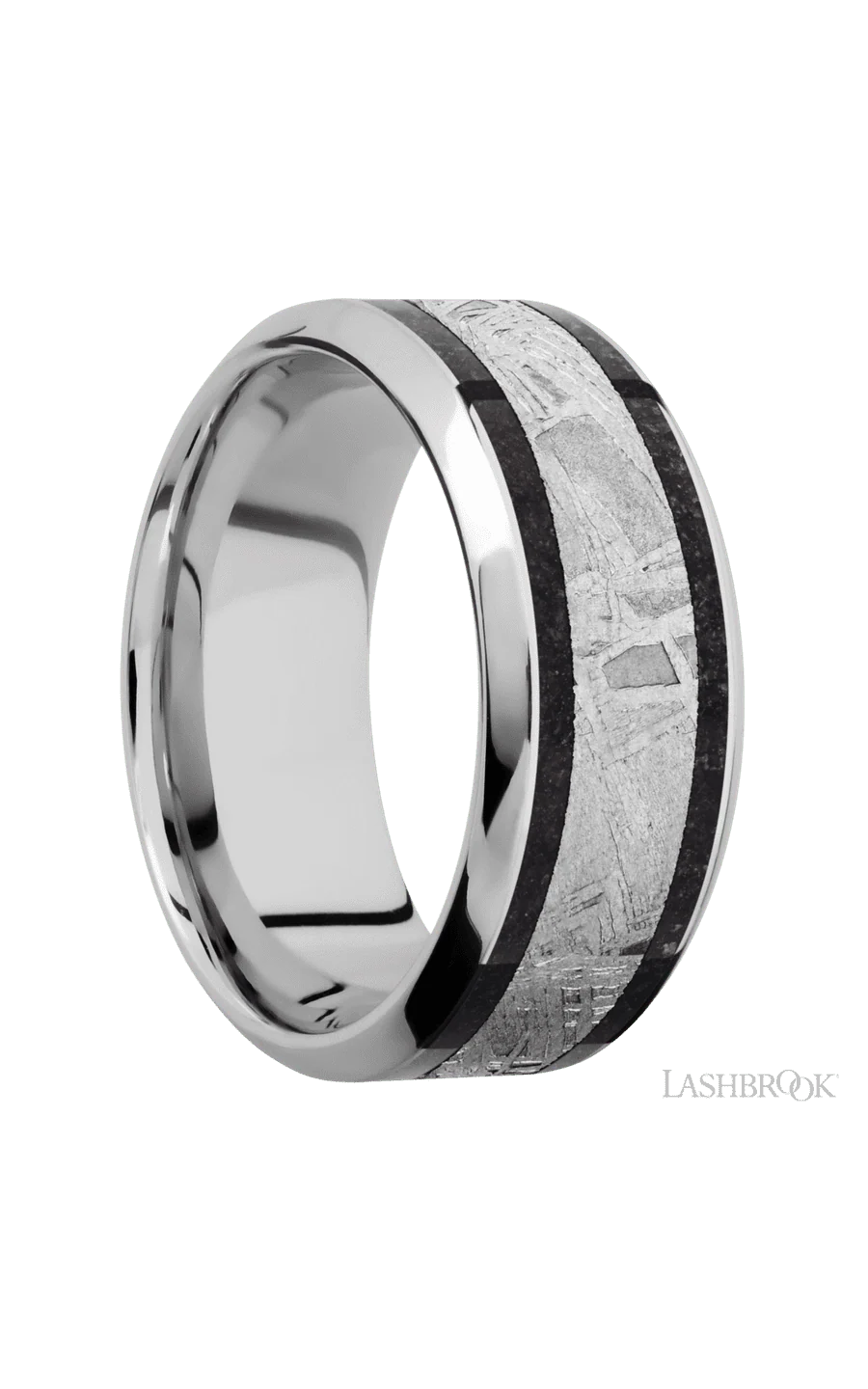 9 mm wide/High Bevel/Cobalt Chrome band featuring inlays of Dinosaur Bone Black and Meteorite. - Image 2