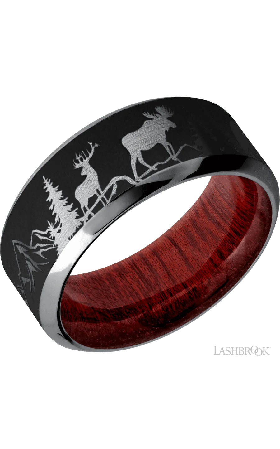 9 mm wide/High Bevel/Tantalum band with a laser carved Bear Moose Deer Mountain pattern also featuring a Blood Wood sleeve.